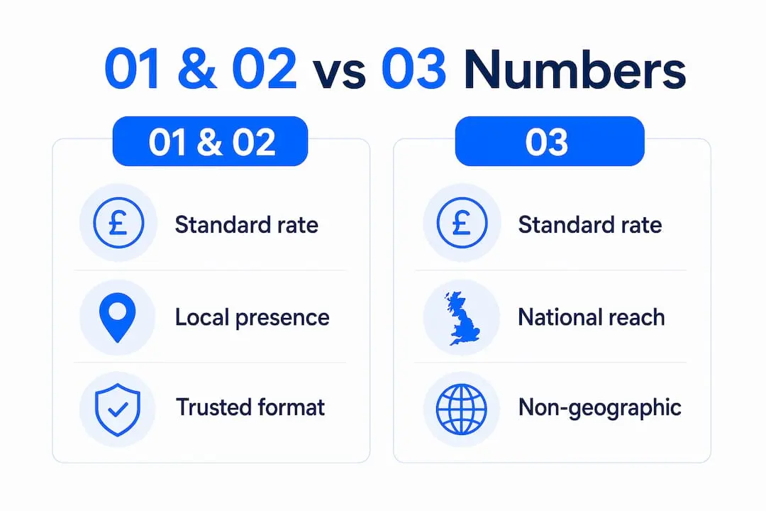 Infographic comparing 01/02 and 03 UK phone numbers