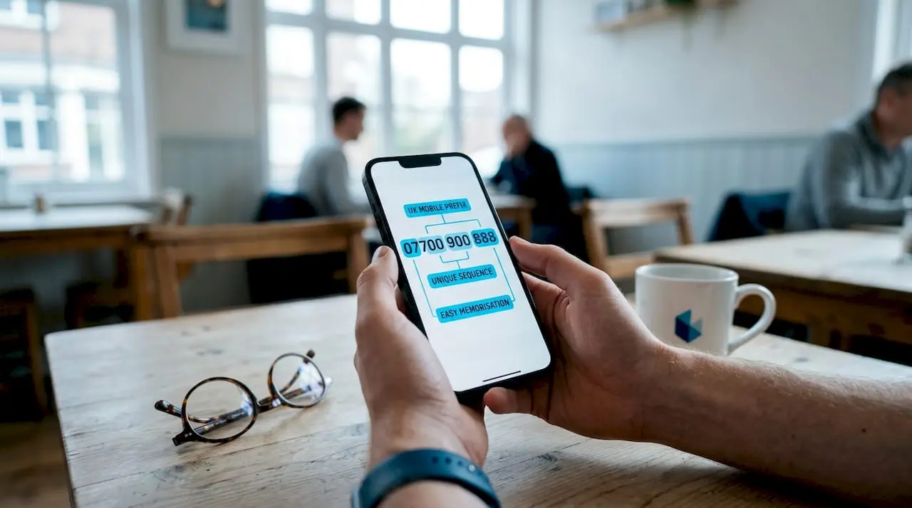 Hands holding phone showing memorable number patterns