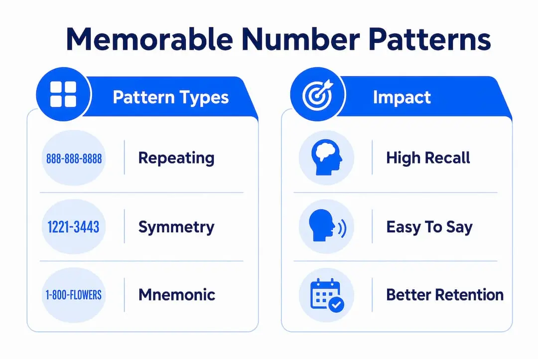 Infographic comparing phone number pattern types and memorability impact