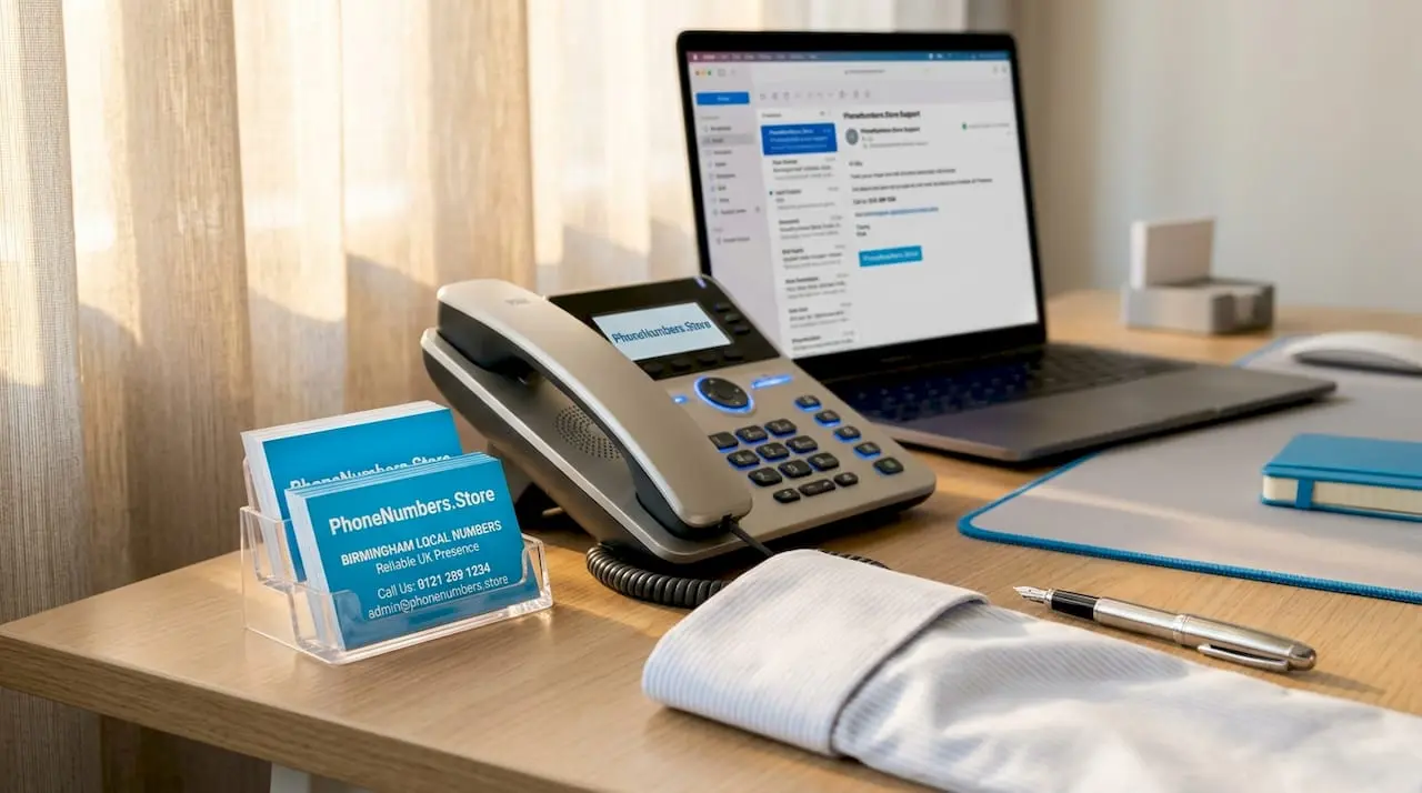 Office desk showing local number business cards