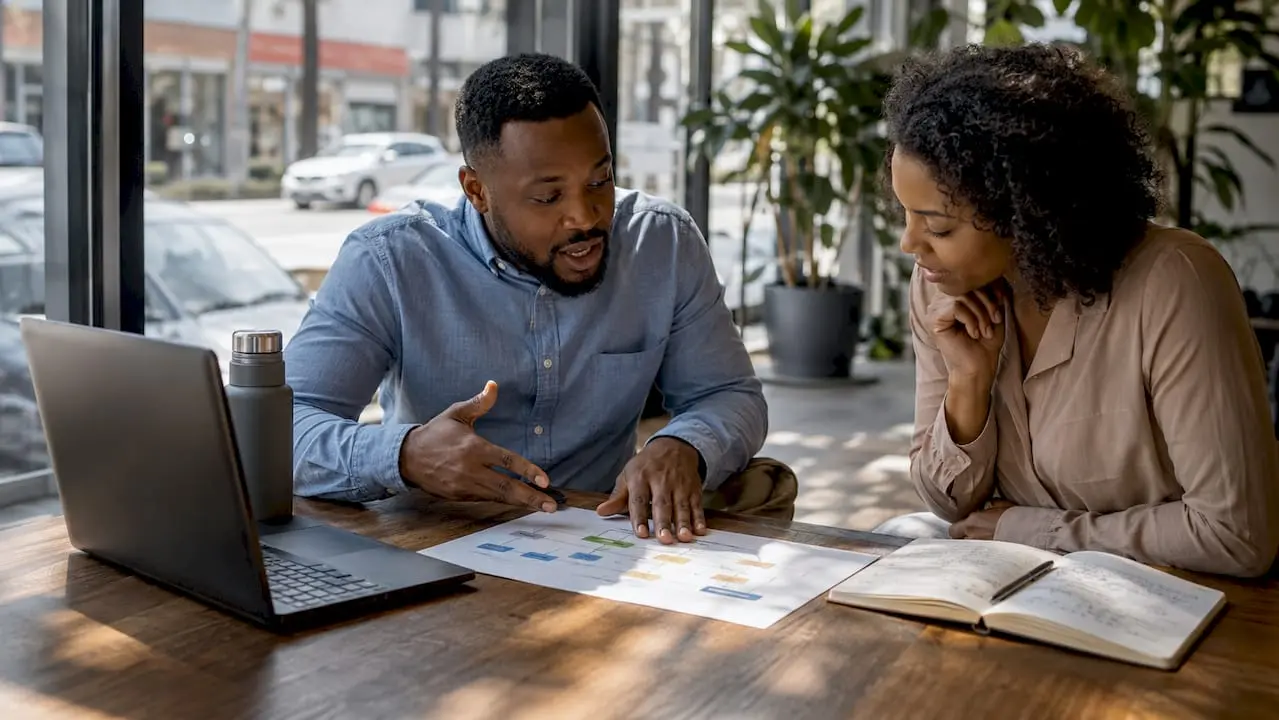Manager explaining call routing with colleague