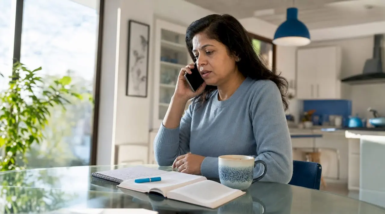 Woman dialing alternate phone number at home desk