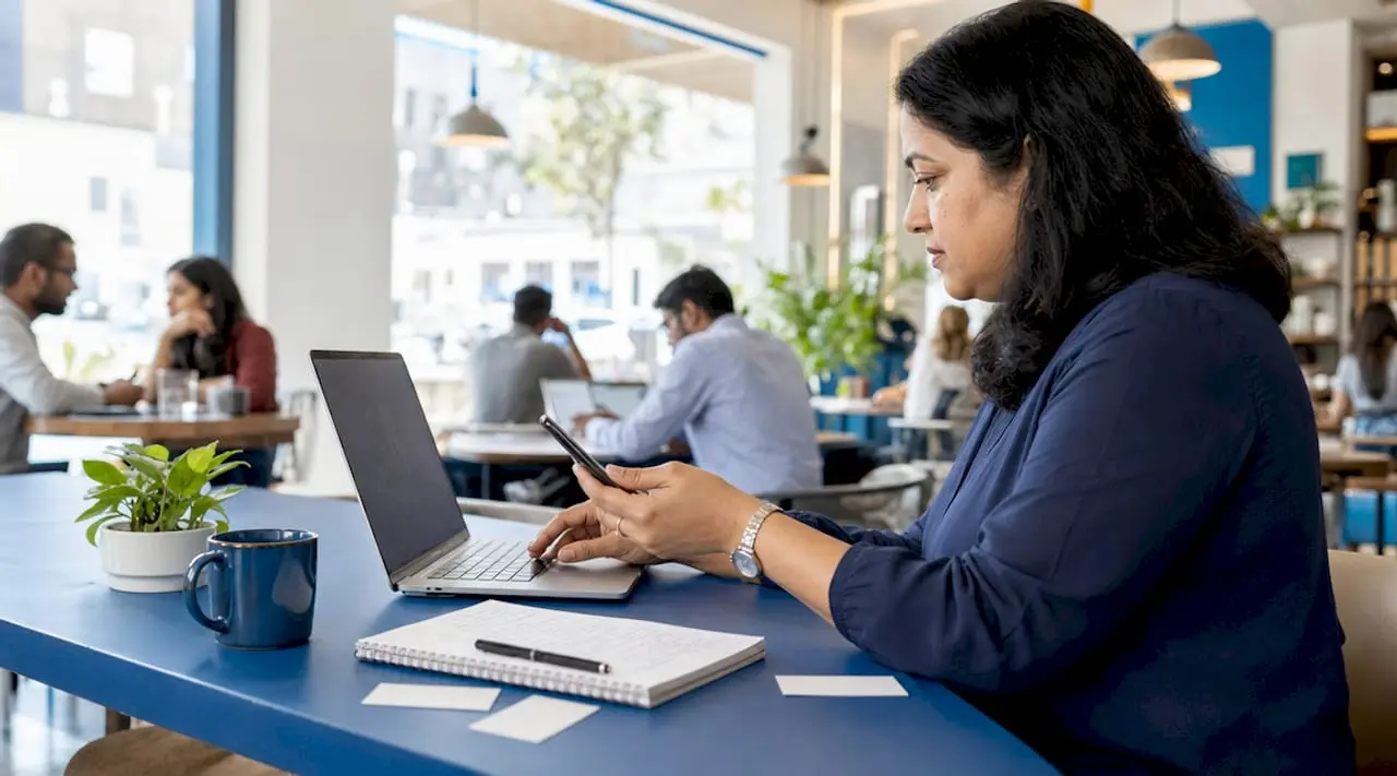 Woman verifying identity phone number on laptop