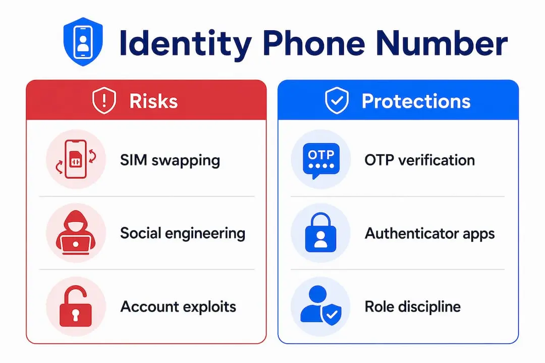 Infographic comparing risks and protections of identity phone numbers