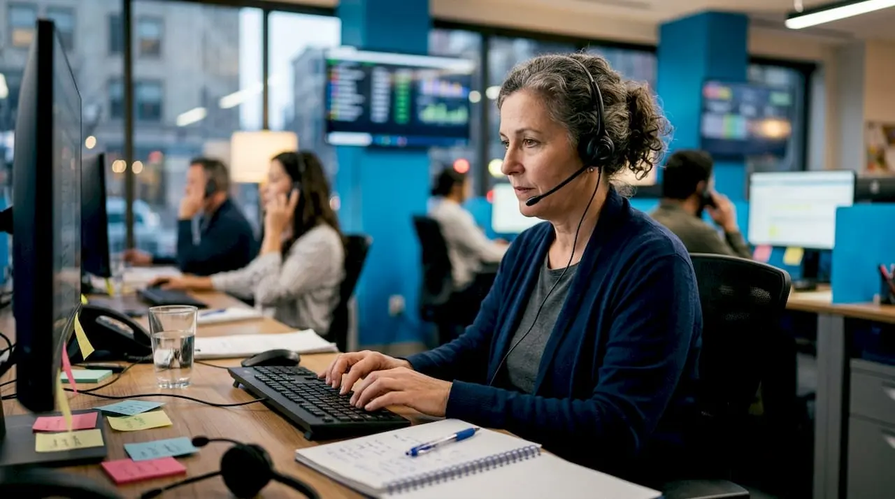 Taxi dispatcher managing phone calls at desk