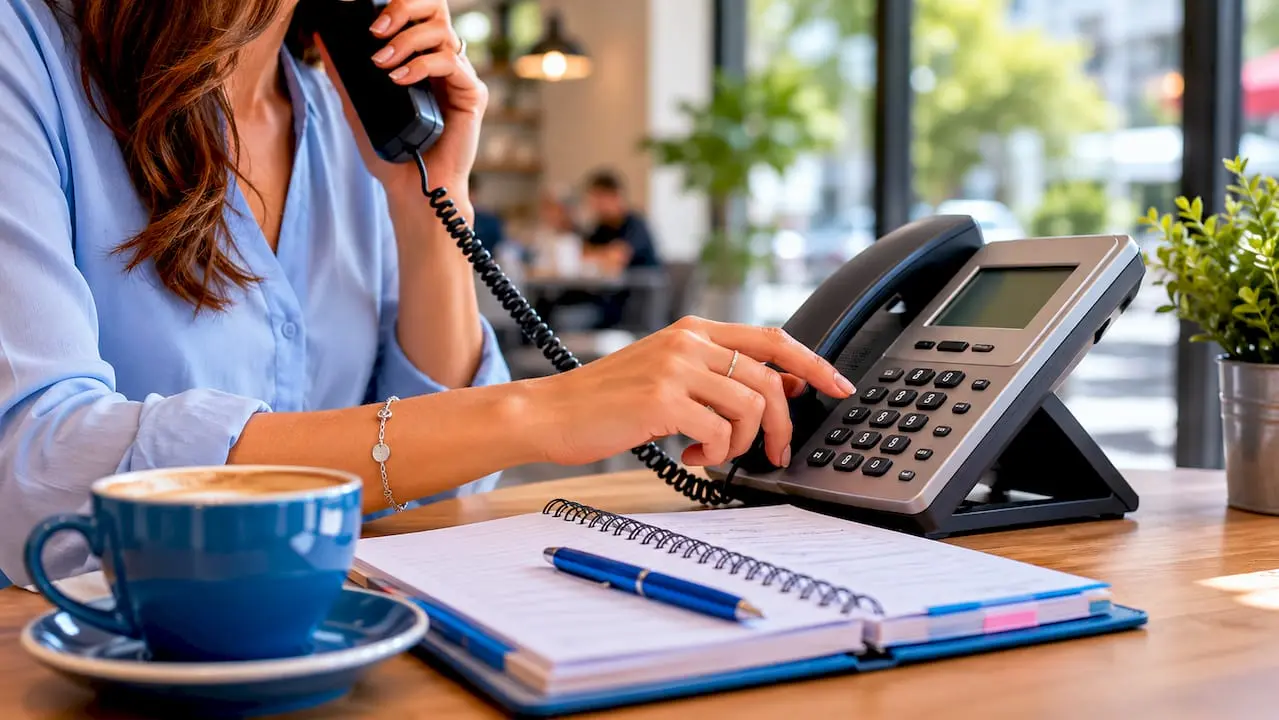Hands dialing UK area code on desk phone