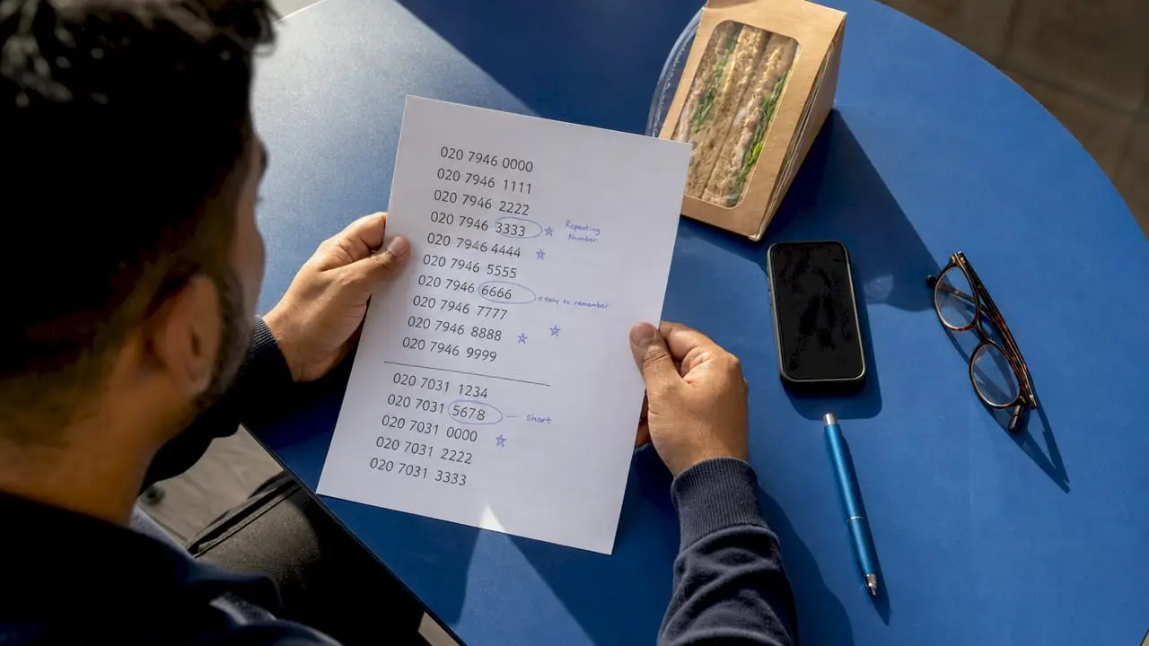 Hands reviewing memorable phone numbers list