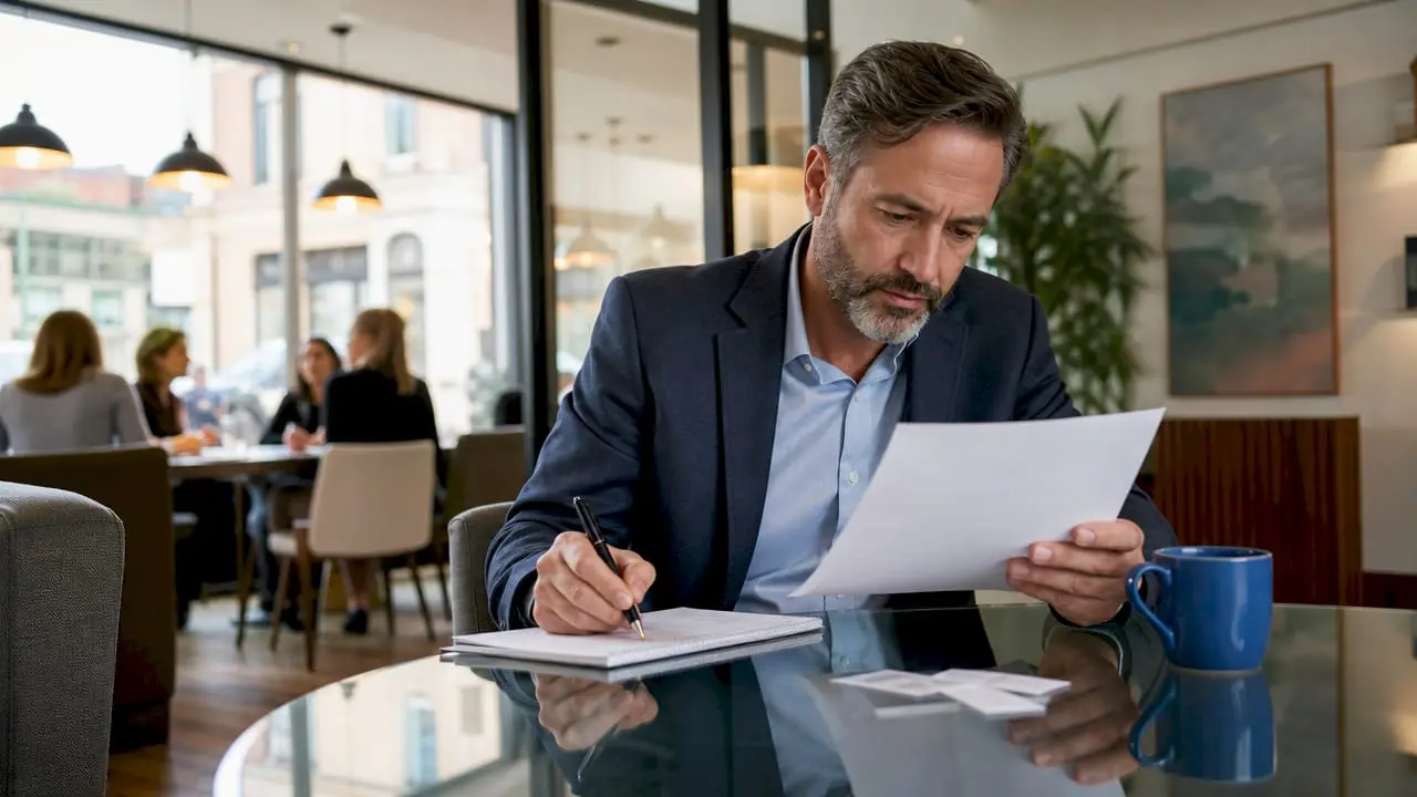 Businessman studying phone bills at office desk