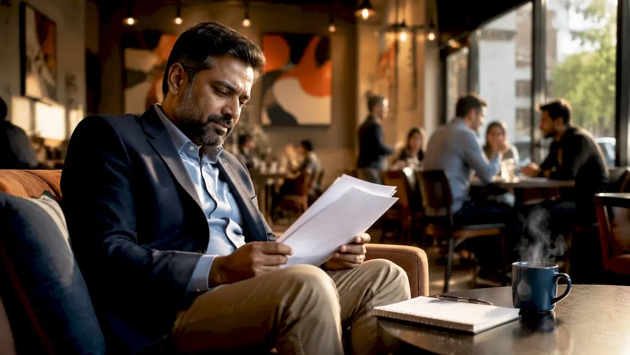 Businessman reading phone compliance regulations