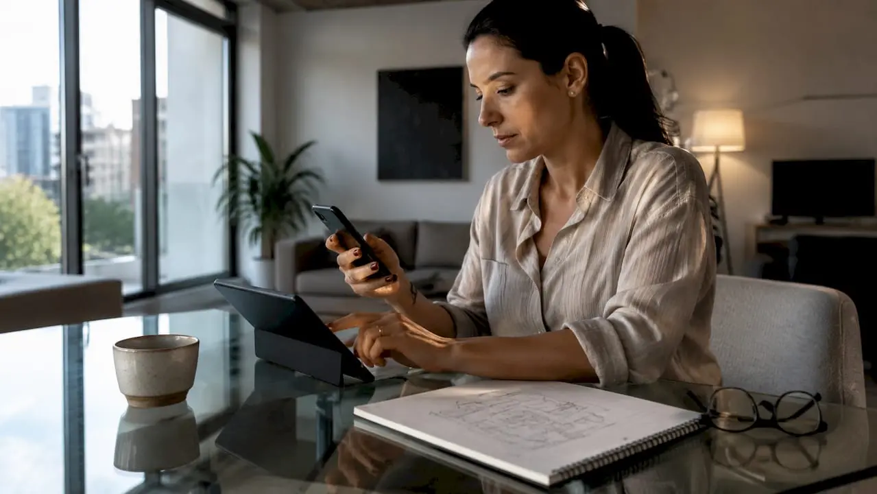 Woman managing phone security settings at home