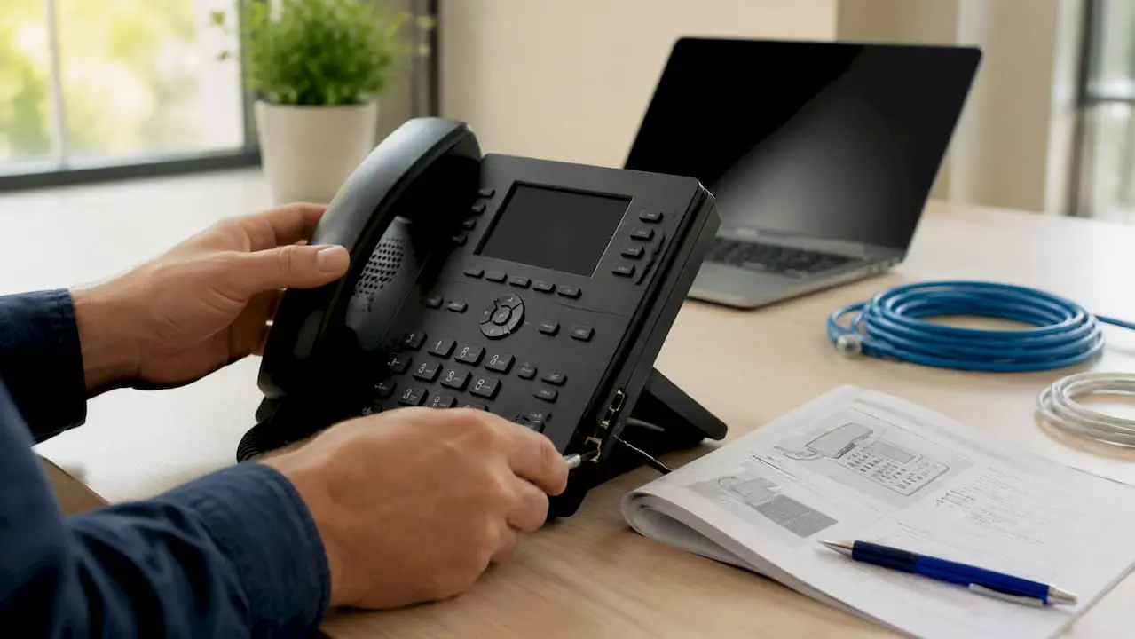 Technician holding VoIP phone at IT desk