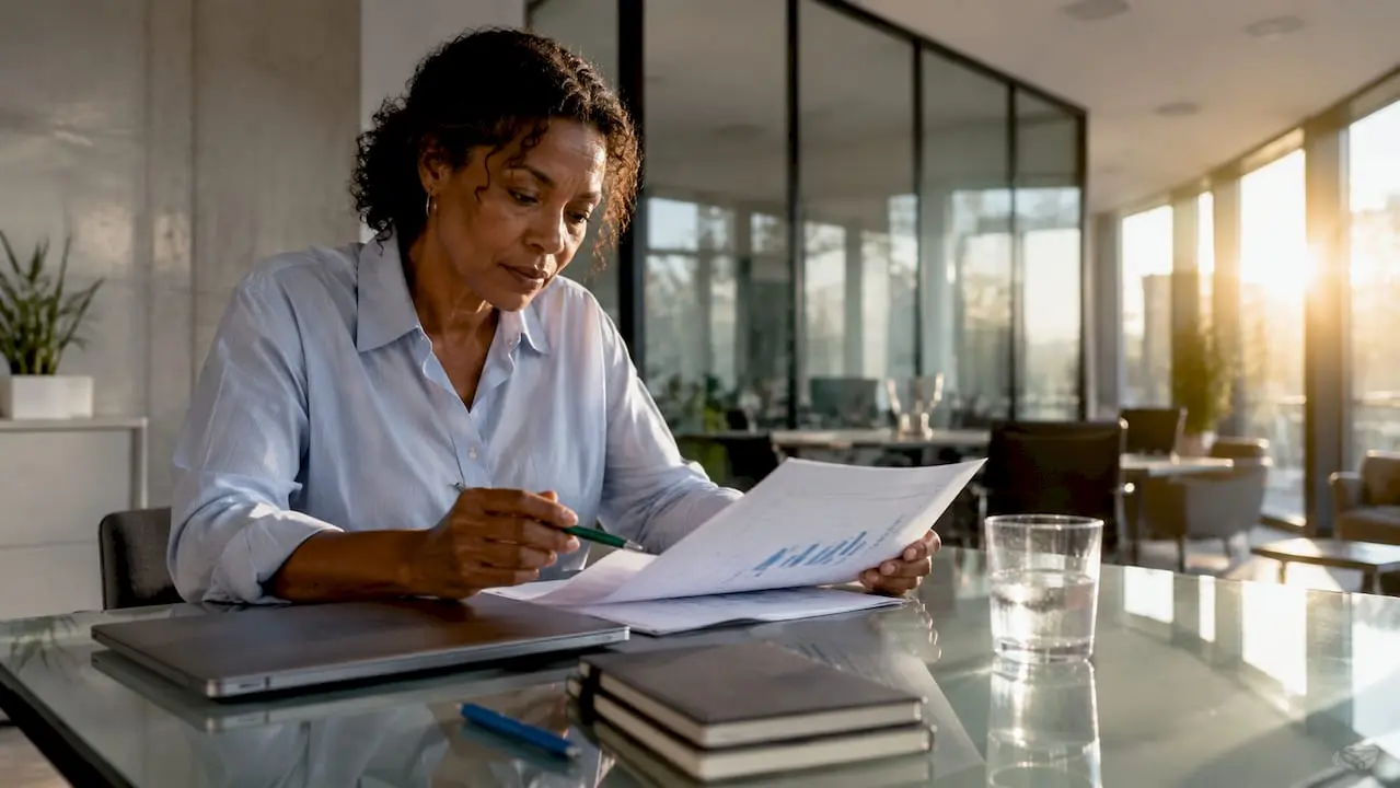 Woman reviewing financial reports in office