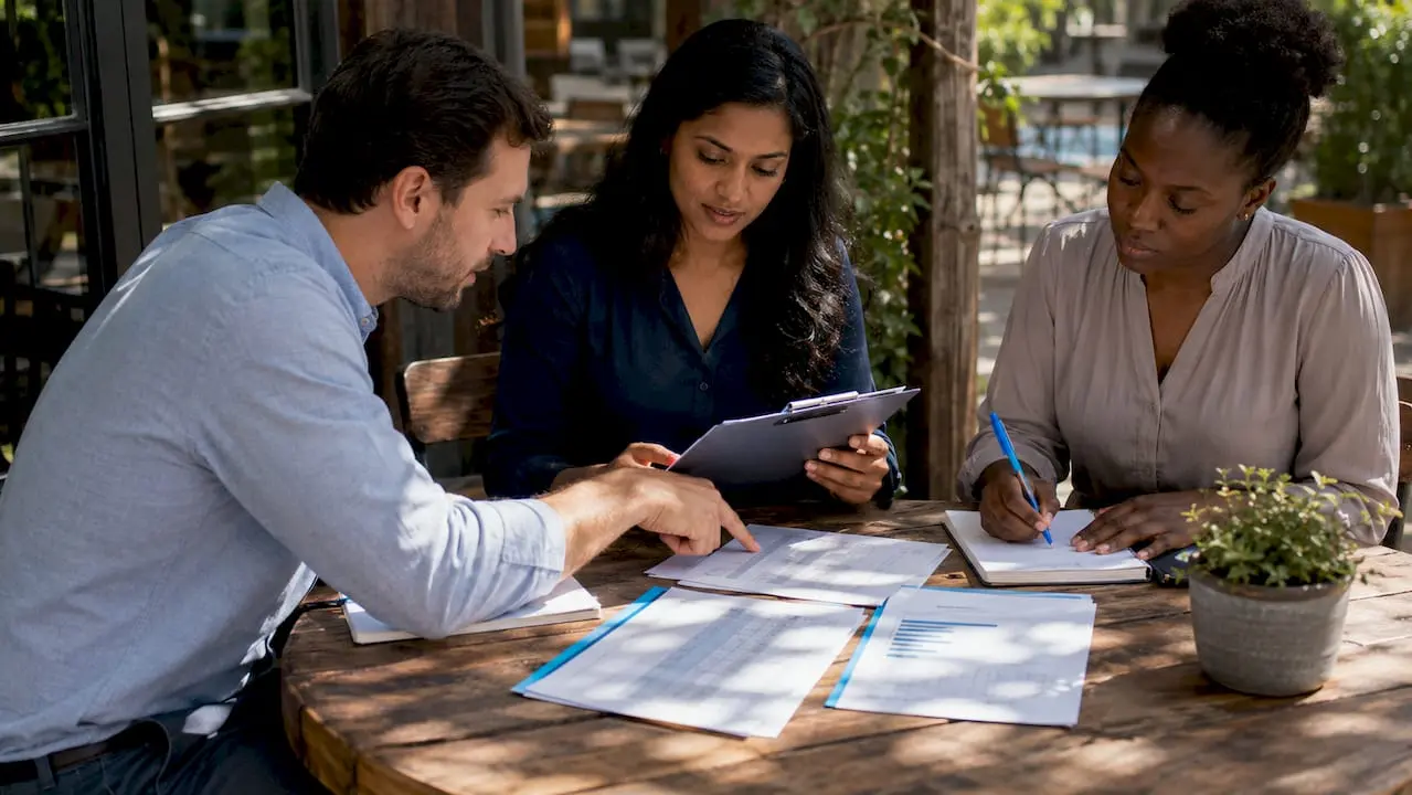 Hands exchanging business documents on glass desk