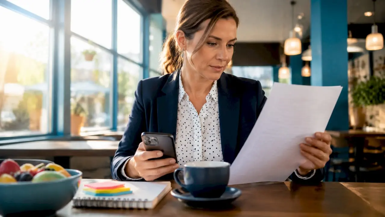 Businesswoman reviewing loyalty phone number documents