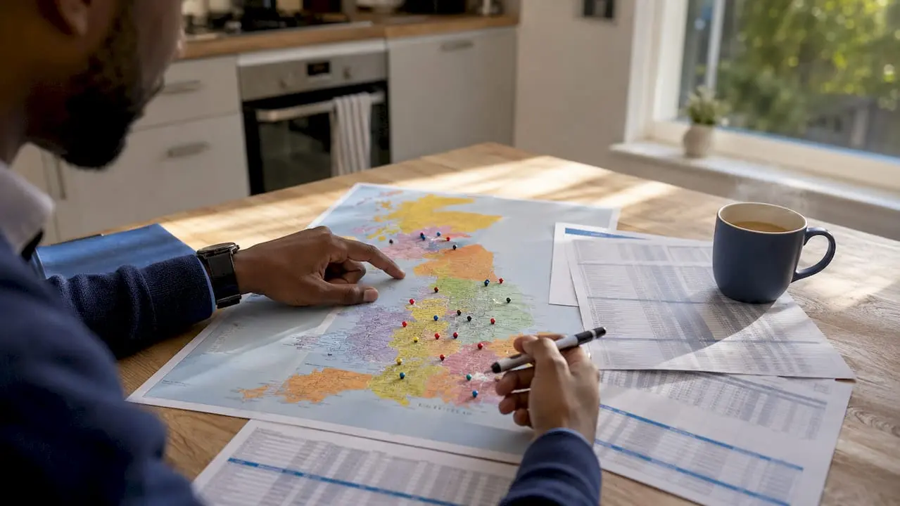 Hands pointing at UK map with phone codes and data