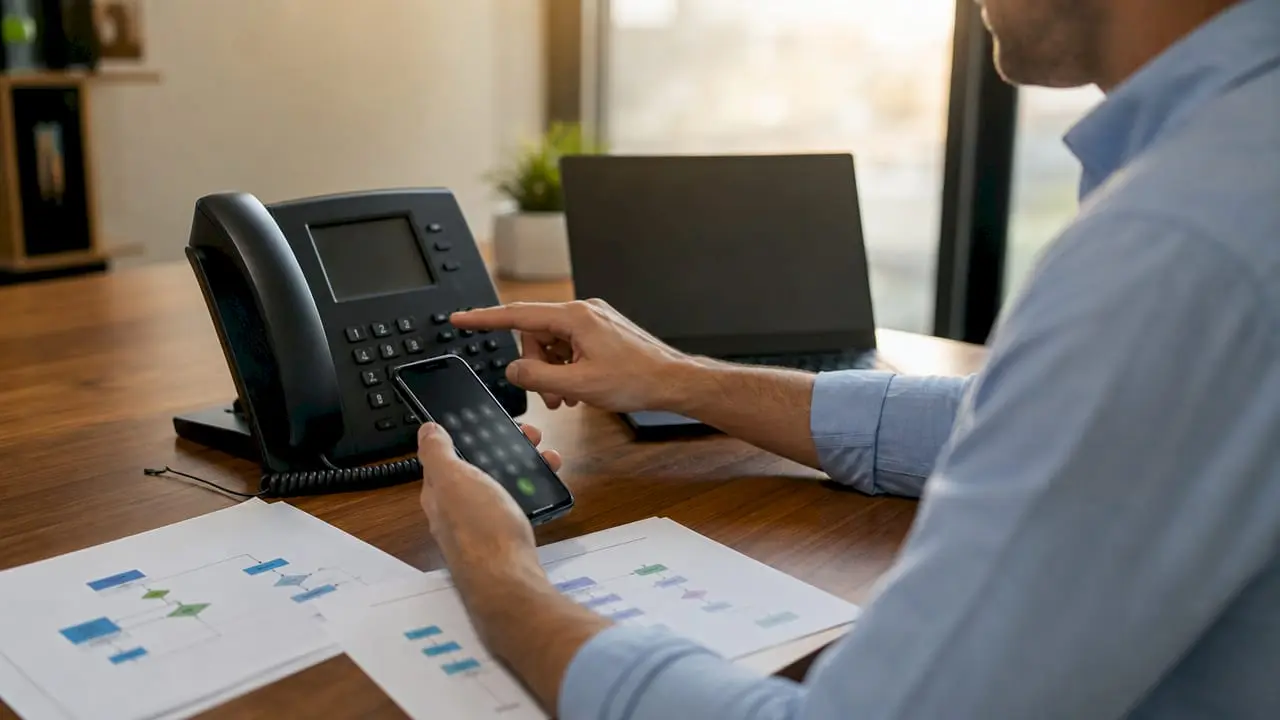 Hands holding smartphone with office desk phone nearby