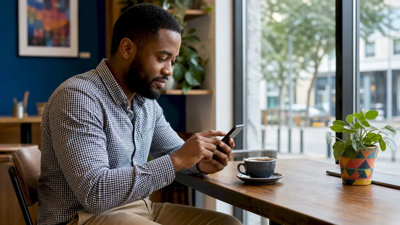 Man dialing virtual phone number in home office
