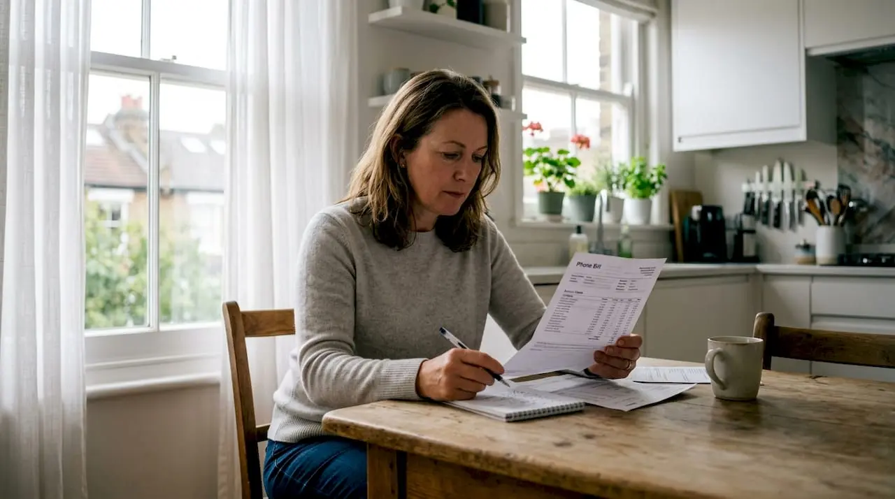 Woman reviewing UK phone bill at kitchen table