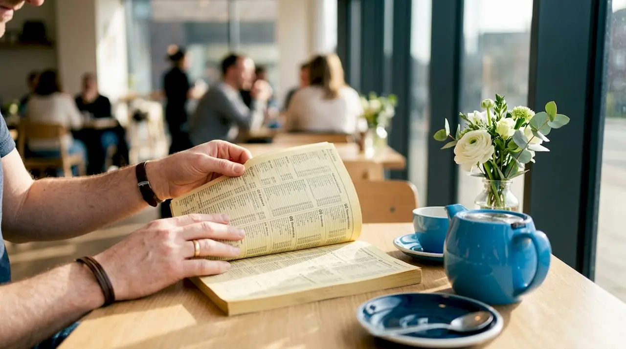 Hands holding UK geographic phone number directory