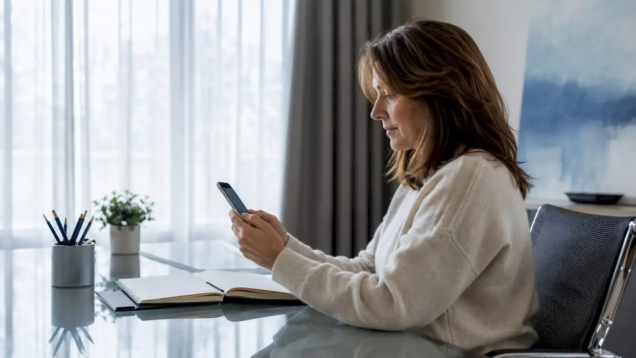 Woman using smartphone to search UK number directory
