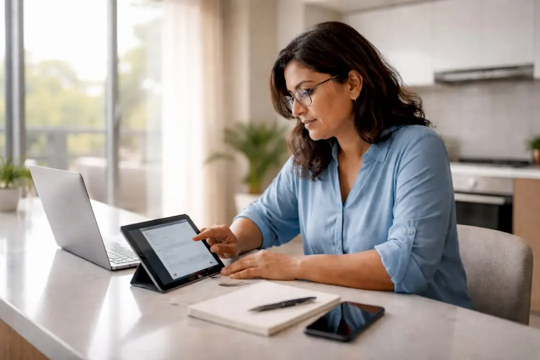 Woman using tablet to manage phone settings at home office