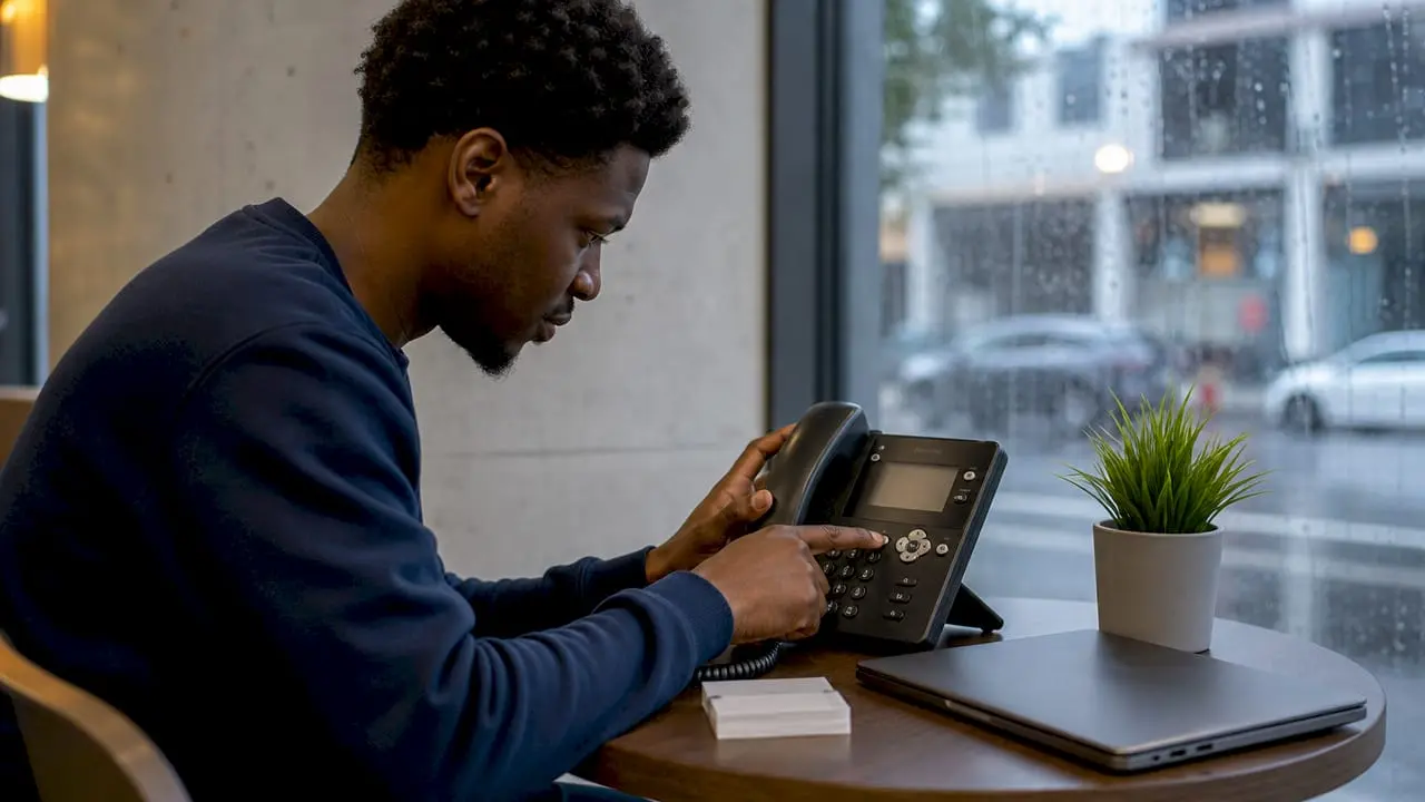 Man setting up VoIP phone in office environment