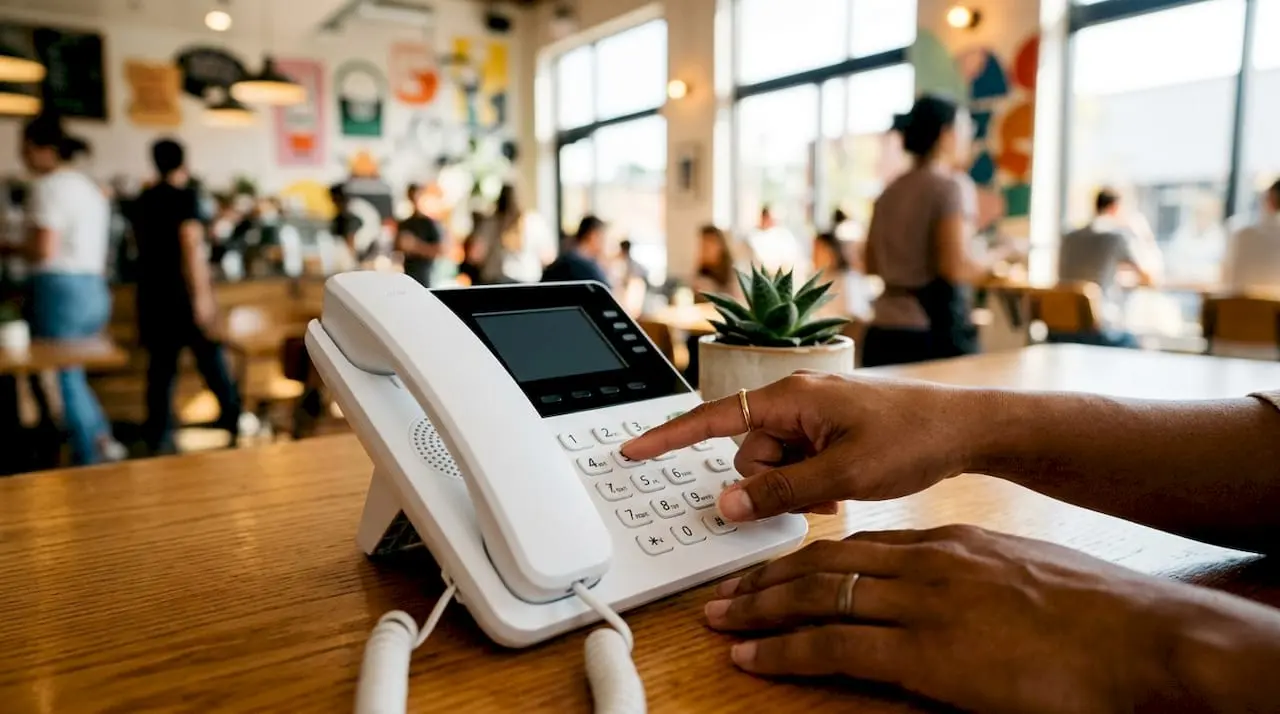 Hands pressing short dial code on office phone