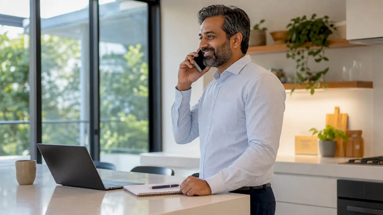 UK businessman using phone at office desk
