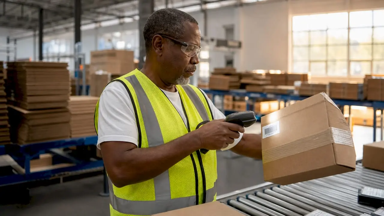 Worker scanning product unique serial number label