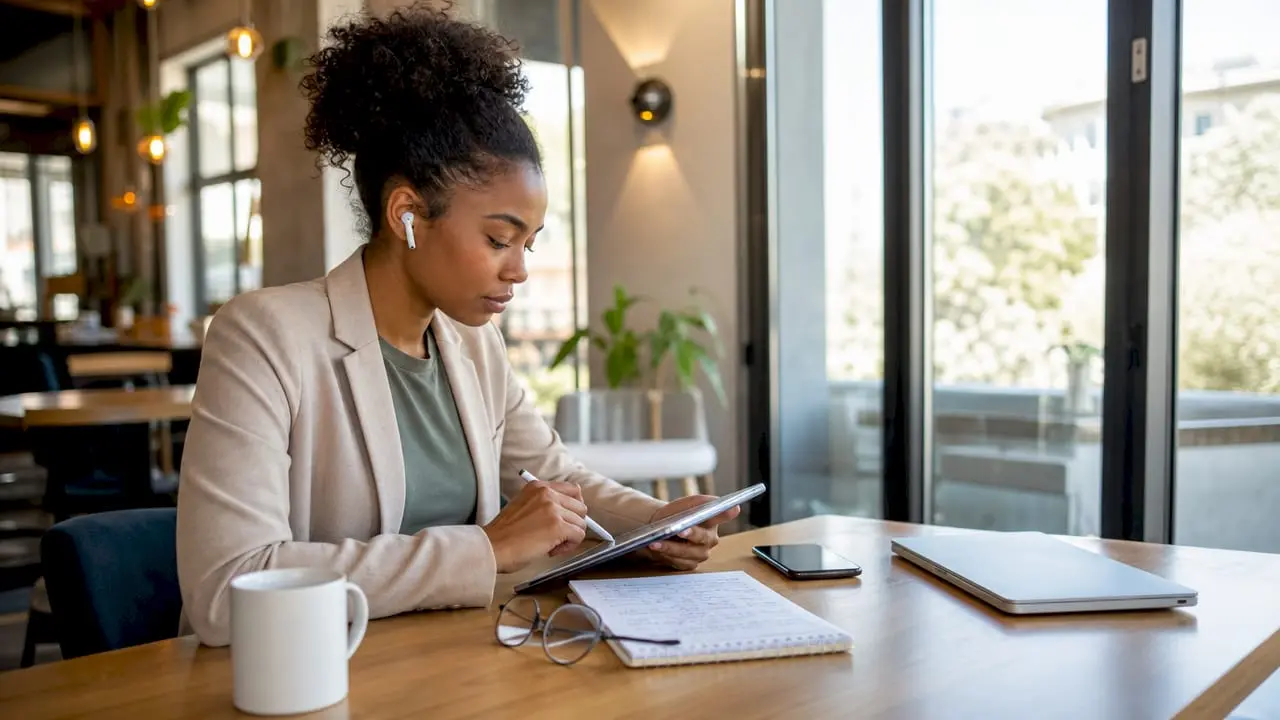 Woman working with AI telephony tools at home desk