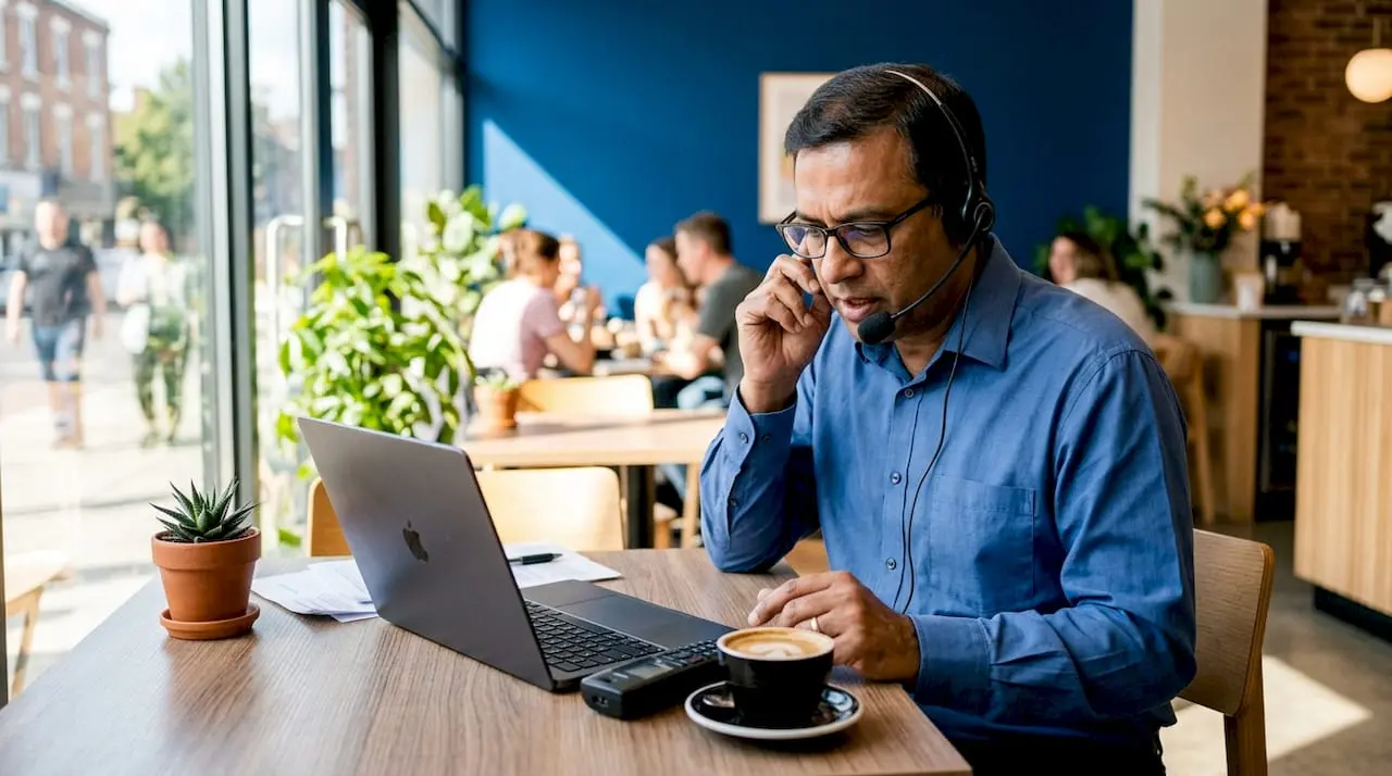 Man using headset and IP phone in office