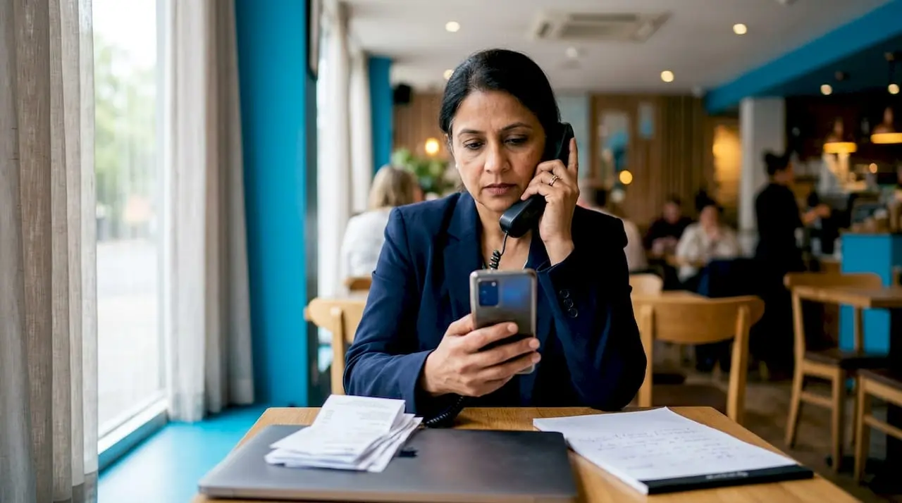 Businesswoman checking switching service number paperwork