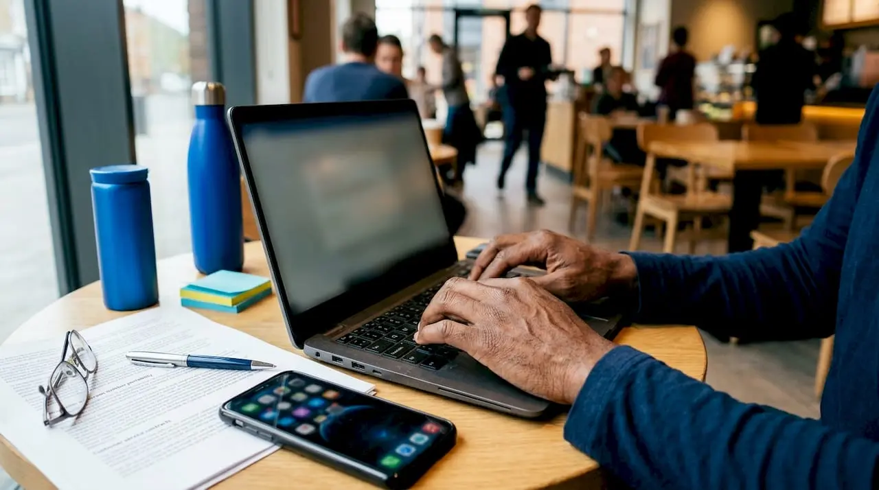 Hands typing at desk with telecom documents