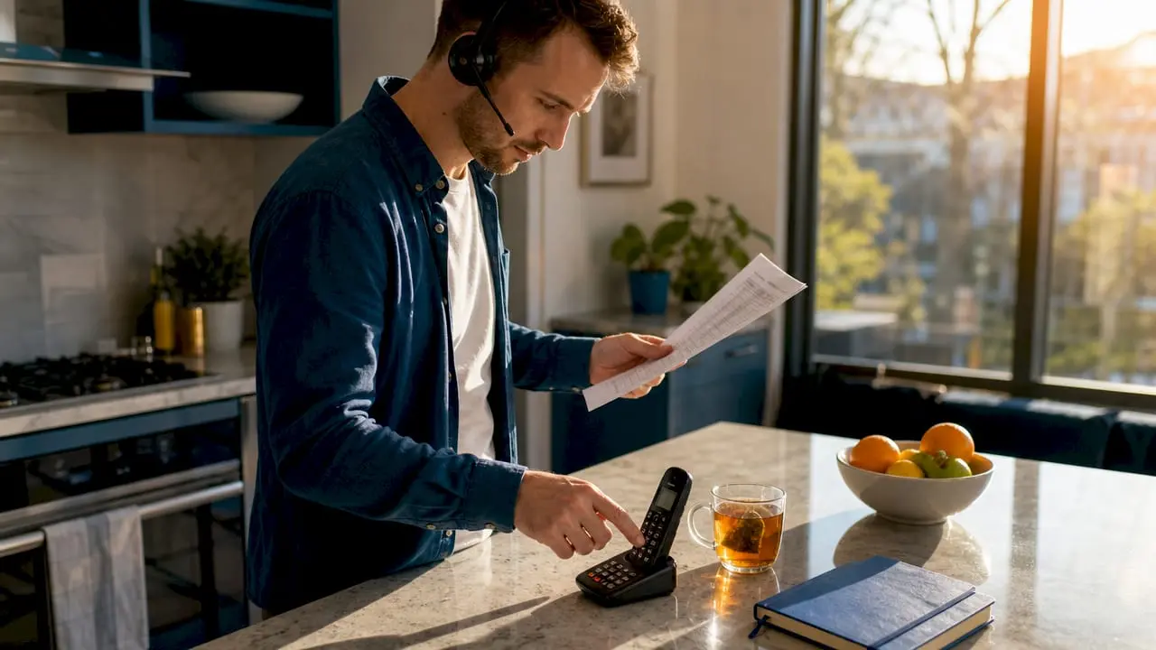 Business owner using smart dial phone at desk