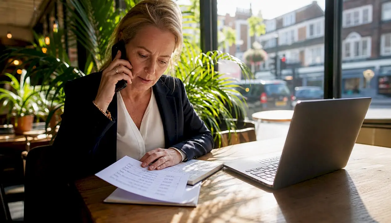 Businesswoman using flexible UK phone number at desk
