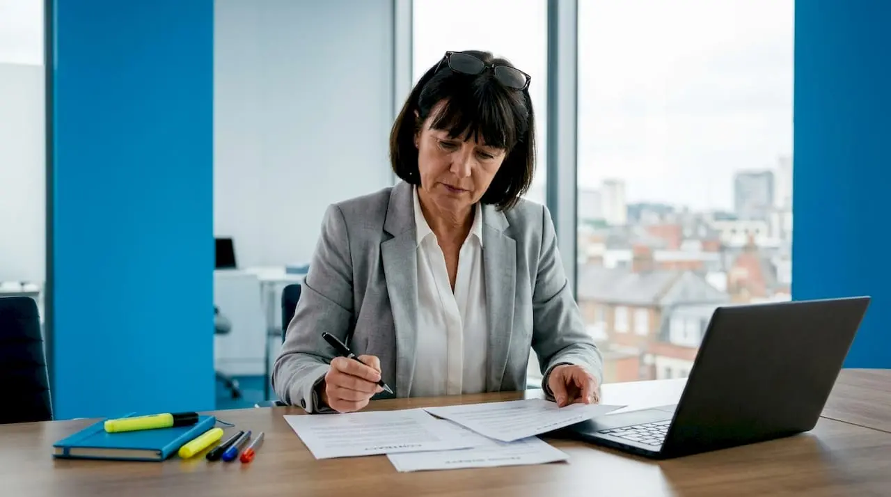 Businesswoman reviewing UK phone number transfer documents