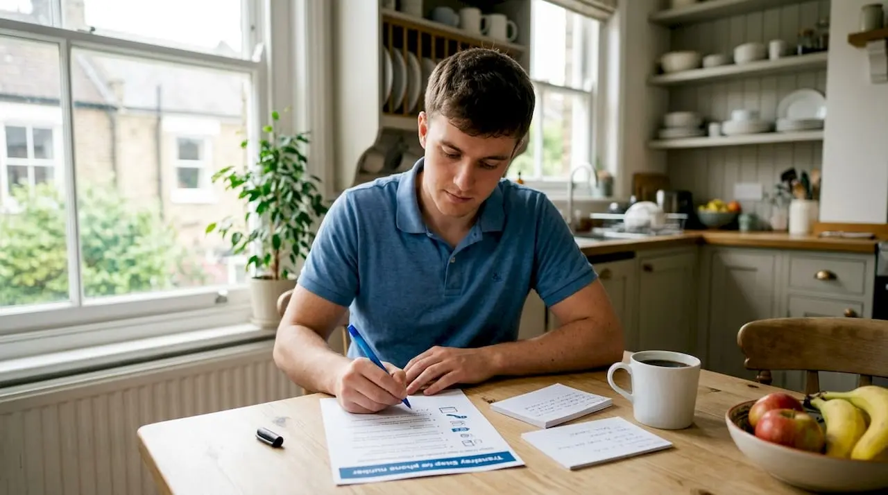 Hands writing notes on phone number transfer guide