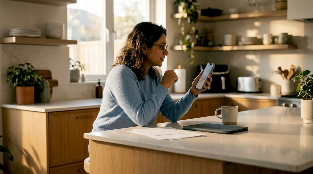 Woman viewing smartphone call screen at home office
