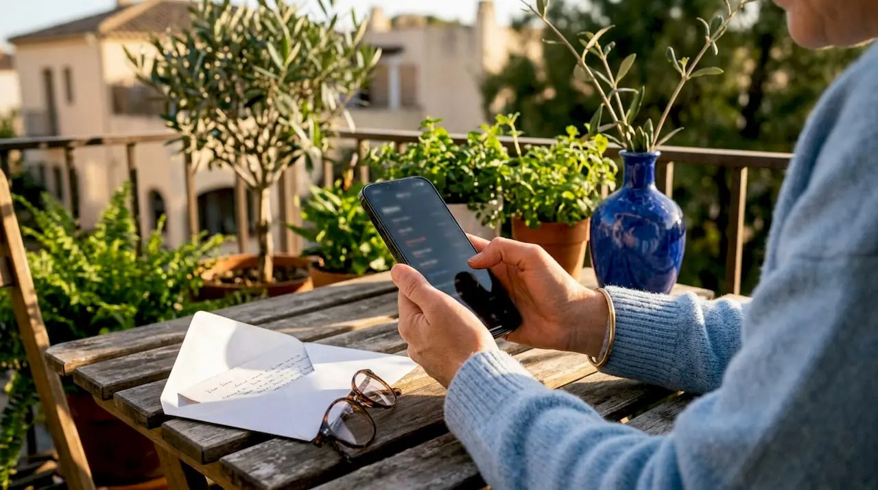 Hands checking missed calls on smartphone overhead view