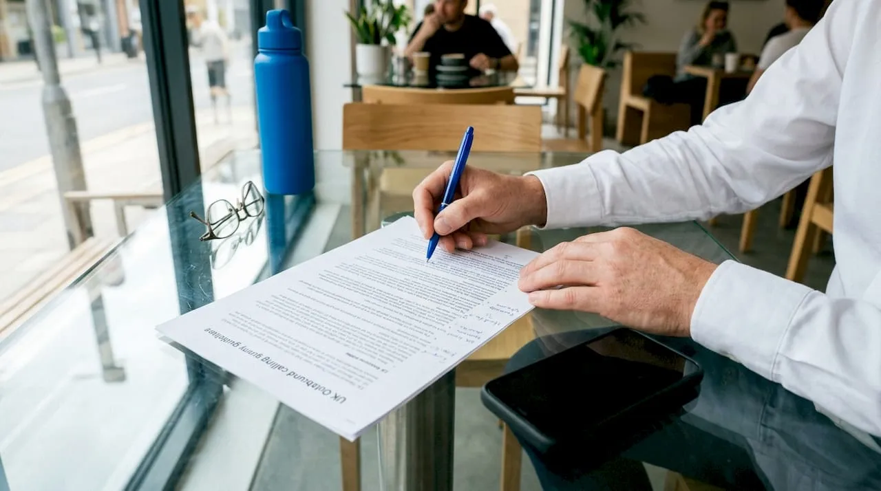 Hands marking outbound calling compliance documents
