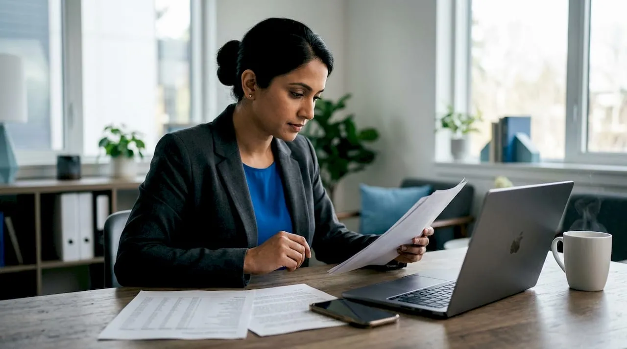Businesswoman reviewing outbound call documents at office