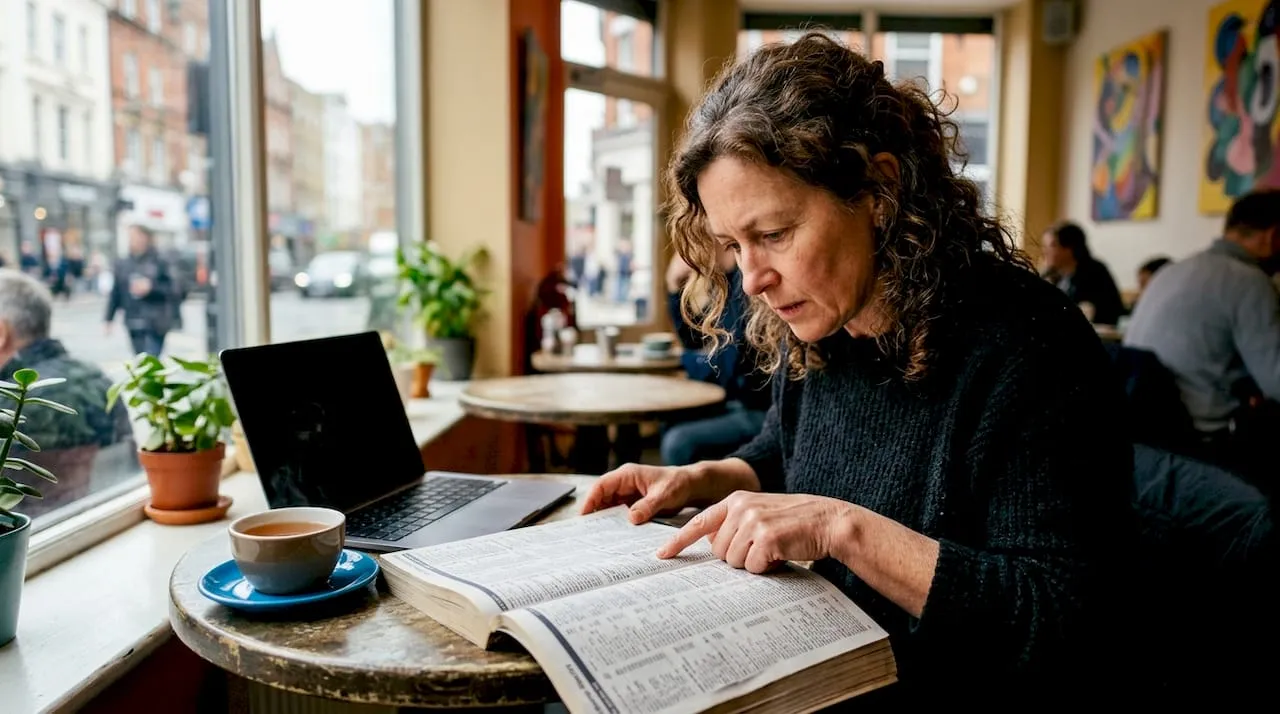 Woman reviewing UK city dialling codes at home