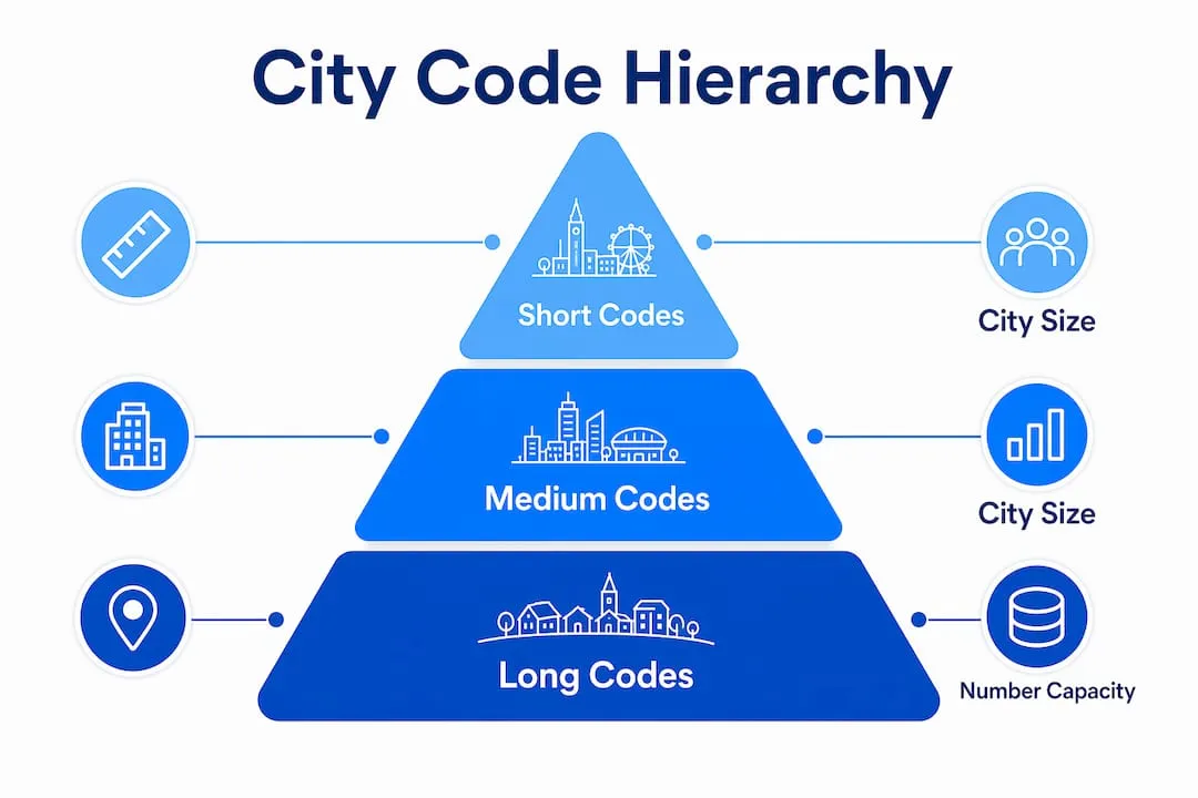 Hierarchy infographic of UK city dialling code lengths