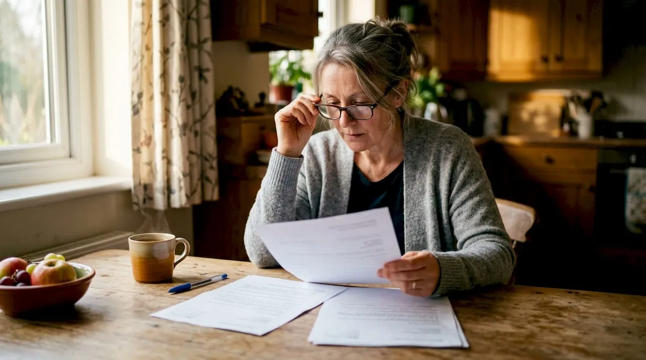 Woman reviewing UK identity documents at home desk