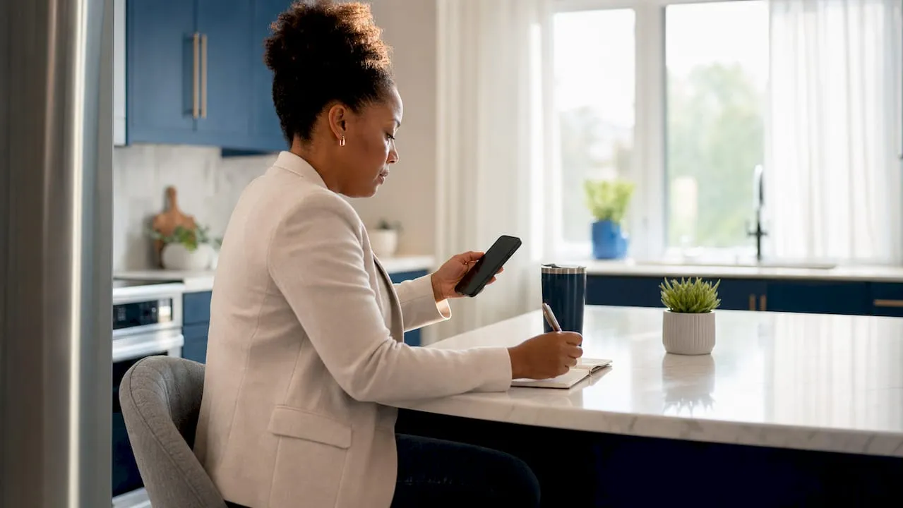 Woman setting up business phone number at home