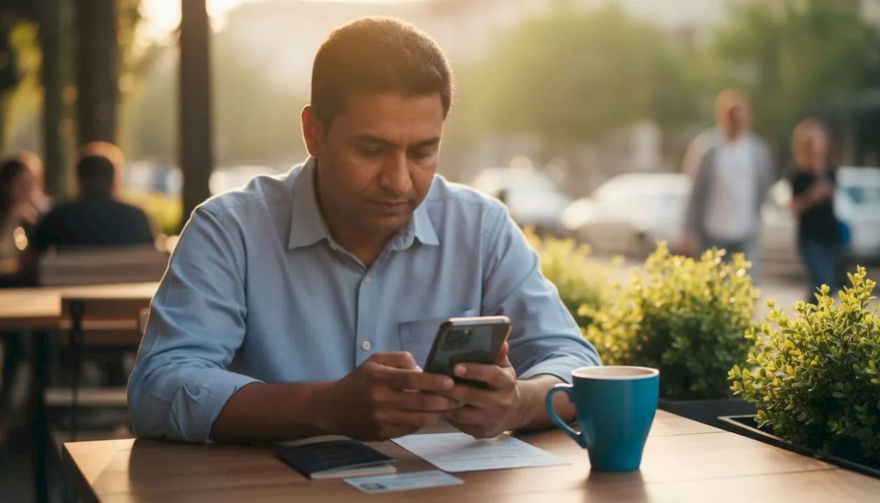 Man verifying identity documents at café