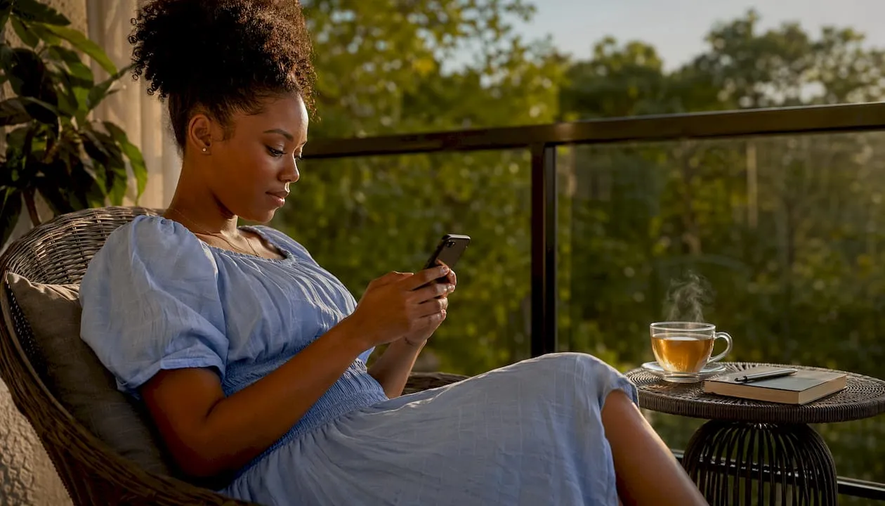 Woman using phone to get new UK mobile number