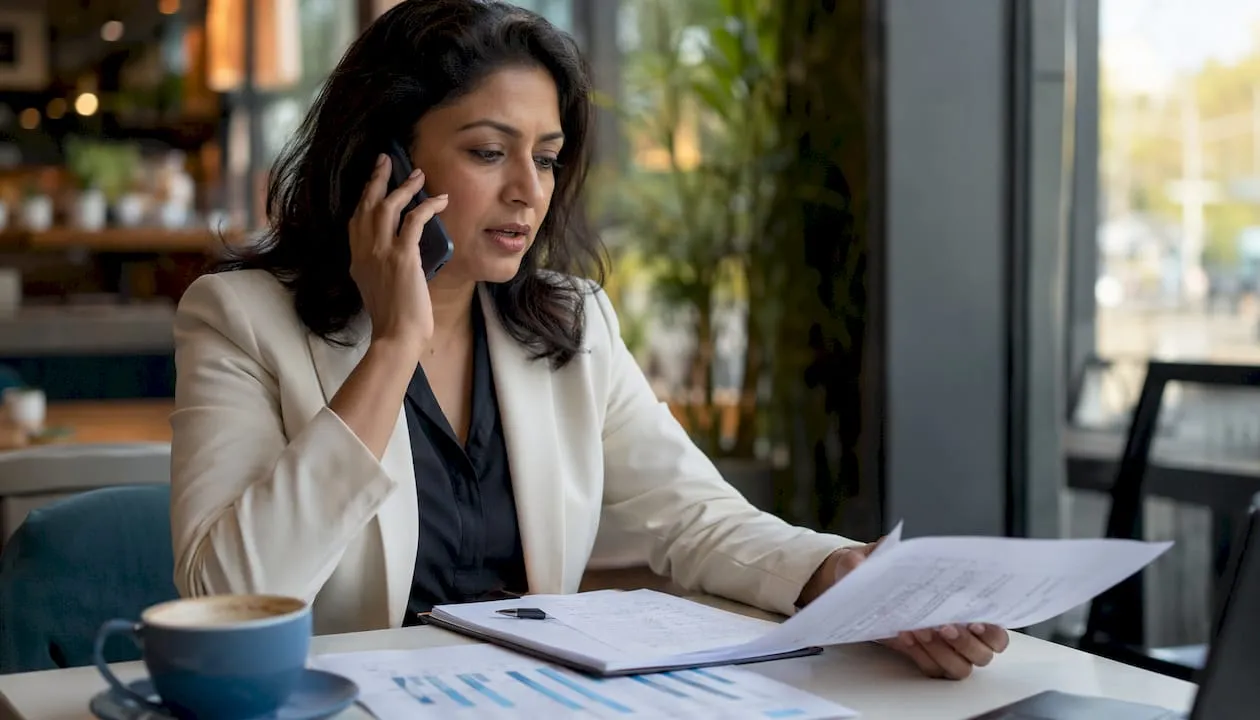 Businesswoman making phone call at desk