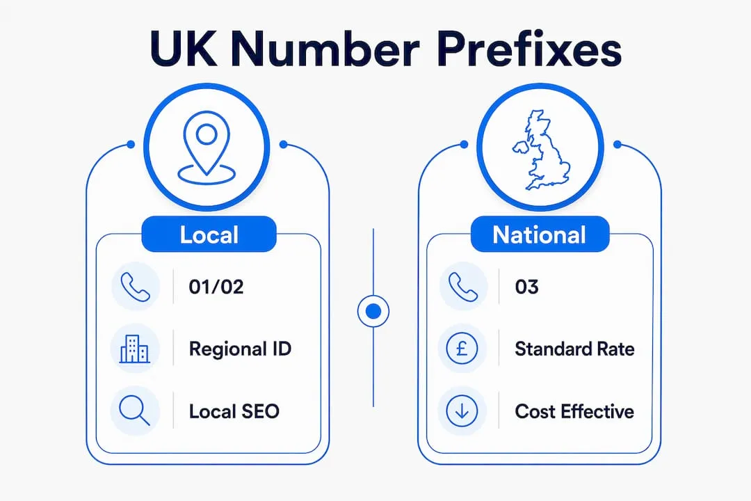 Infographic comparing UK phone number prefixes local and national