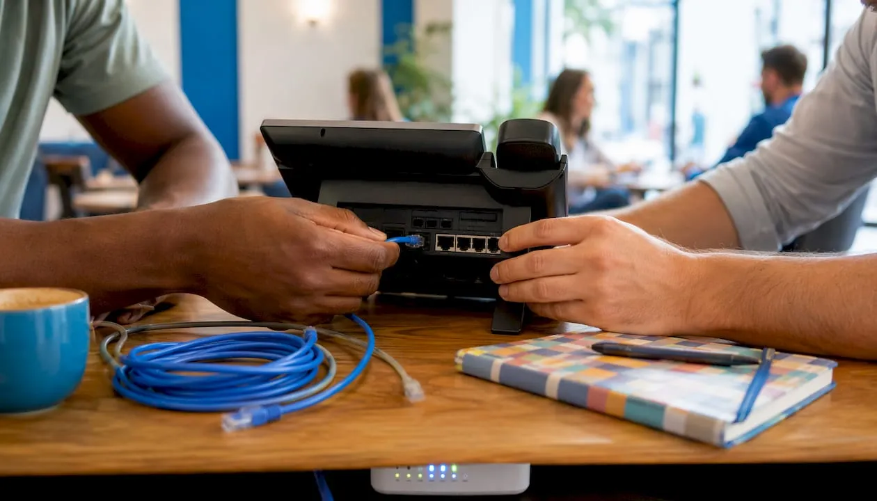 Hands setting up VoIP device on desk